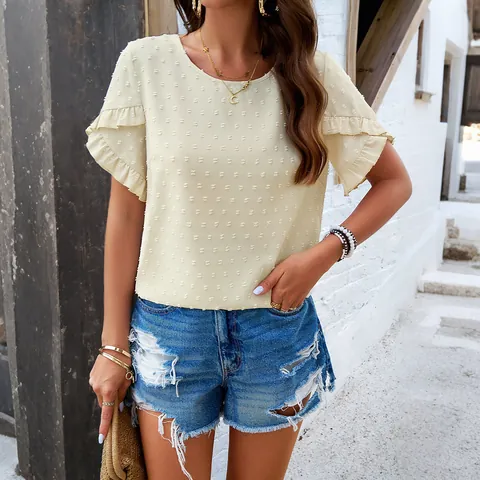 Women Blouse Jacquard Polka Dot Ruffle Short Sleeve Round Neck Casual Elegant Summer Shirt Back Buttons