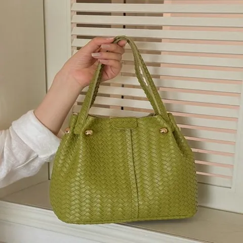 Vintage Gewebte PU Leder Tragetasche Eimertasche Große Kapazität Schultertasche Mit Geometrischem Gurt Für Damen Alltag