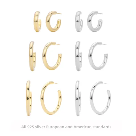 925 Sterling Silver Hoop Earrings Minimalist Glossy C-Shaped Chunky Ear Studs For Women Casual Fashion Jewelry