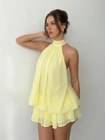 Women Halter Neck Chiffon Mini Dress Backless Tiered Ruffle Vacation Sexy Beach Party