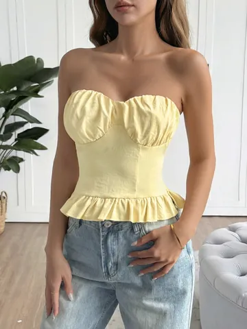 Women Strapless Tube Top Ruched Bust Ruffled Peplum Hem Polyester Slim Fit Sexy Y2K Style Off Shoulder