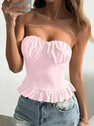 Women Strapless Tube Top Ruched Bust Ruffled Peplum Hem Polyester Slim Fit Sexy Y2K Style Off Shoulder