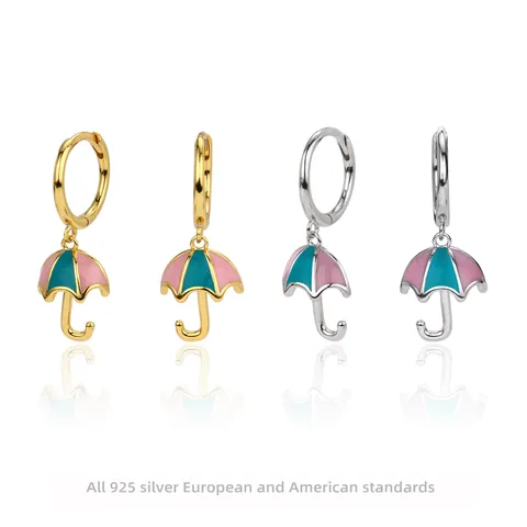Pendientes de Aro de Plata de Ley 925 con Forma de Paraguas Esmalte Creativo Rosa Verde Azulado Pendientes Colgantes para Mujer Joyería