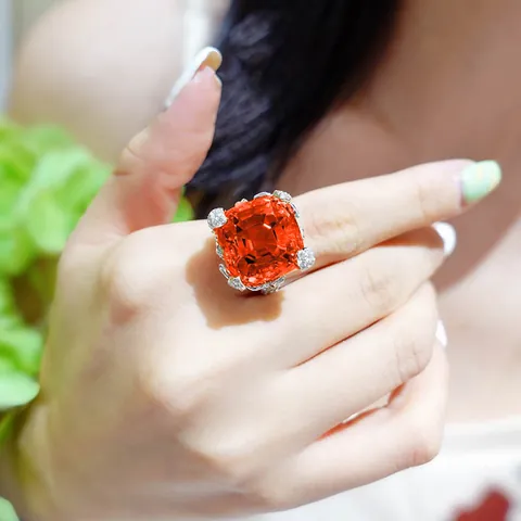 Luxury Cushion Cut Orange Gemstone Ring Copper Rhinestone Adjustable Open End Flower Party Jewelry For Women