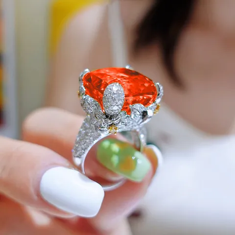 Luxury Cushion Cut Orange Gemstone Ring Copper Rhinestone Adjustable Open End Flower Party Jewelry For Women