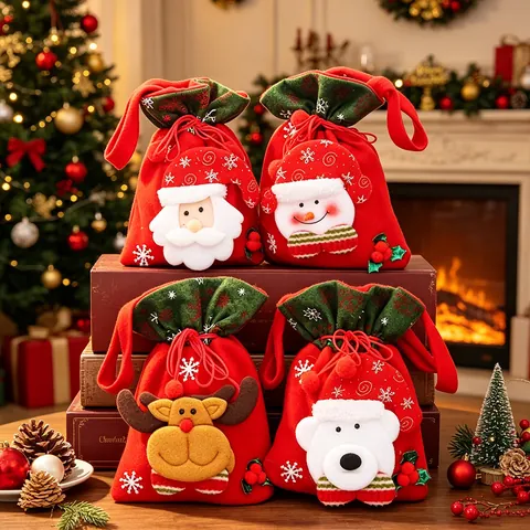 Weihnachten Kordelzug Geschenktüte 3D Weihnachtsmann Schneemann Rentier Bär Filz Süßigkeitenbeutel Mit Griff Für Party