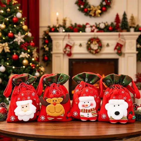 Weihnachten Kordelzug Geschenktüte 3D Weihnachtsmann Schneemann Rentier Bär Filz Süßigkeitenbeutel Mit Griff Für Party