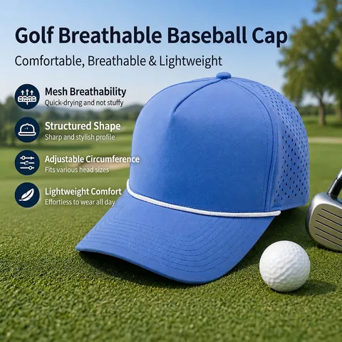 Breathable Baseball Cap Polyester Quick Dry Laser Cut Outdoor Sports Golf Hat With Decorative Rope Adjustable Unisex