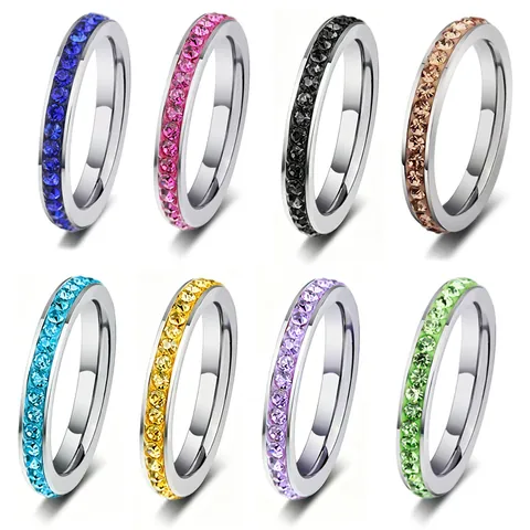 Stainless Steel Eternity Ring Colorful Rhinestone Inlaid Minimalist Slim Stackable Band Jewelry For Women