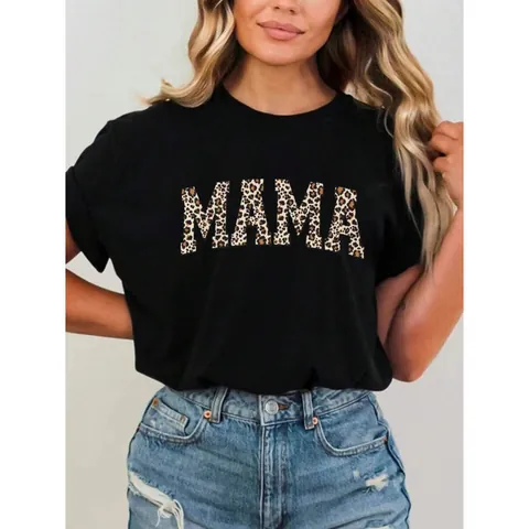 Damen Casual Baumwolle T-Shirt Leopard Mama Buchstabe Druck Rundhals Kurzarm Locker Fit Atmungsaktiv Weich Sommer Top