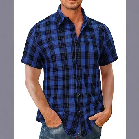 Chemise Décontractée pour Hommes en Poliestere Imprimée à Carreaux Manches Courtes Mode Respirante avec Col Rabattu