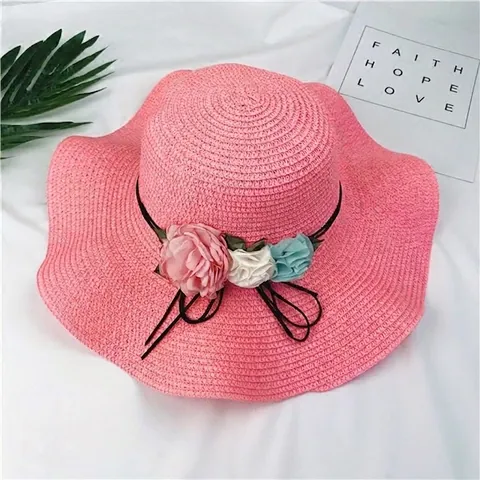 Women Wide Brim Straw Hat Summer Sun Protection Foldable Beach Hat With Wavy Edge And Flower Decoration Fashion Sunhat