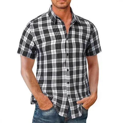 Herren Casual Polyester Kariertes Bedrucktes Kurzarmhemd Mode Atmungsaktives Umlegekragen Button Down Hemd Tops