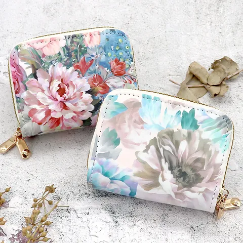 Porte-cartes pour Femmes Style Chinois Cuir PU Double Fermeture Éclair Grande Capacité Imprimé Floral Porte-monnaie Portefeuille Avec Plusieurs Emplacements