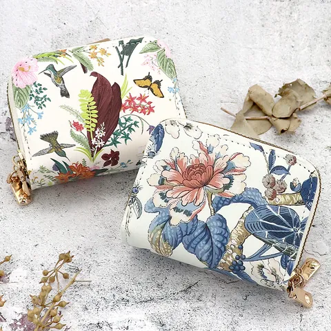 Porte-cartes pour Femmes Style Chinois Cuir PU Double Fermeture Éclair Grande Capacité Imprimé Floral Porte-monnaie Portefeuille Avec Plusieurs Emplacements