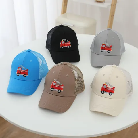 Kids Baseball Cap With Fire Truck Embroidery Breathable Mesh Back Adjustable Sun Hat For Boys Cartoon Trucker Cap