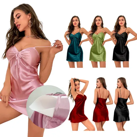 Nuisette en Satin de Soie Glacée pour Femmes Dos Nu à Bretelles Spaghetti Avec Coussinets de Poitrine Amovibles Col en V
