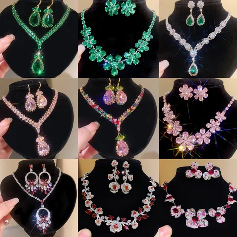 Ensemble Bijoux en Cuivre Style Cour Vintage Goutte d'Eau Zirconia Gland Floral Collier Boucles d'Oreilles pour Femme Mariage