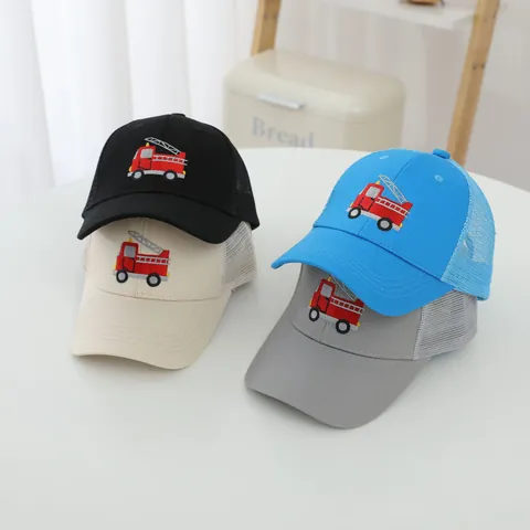 Kids Baseball Cap With Fire Truck Embroidery Breathable Mesh Back Adjustable Sun Hat For Boys Cartoon Trucker Cap