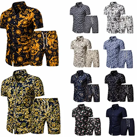 Ensemble Chemise et Short Casual d'Été pour Homme Imprimé Floral Baroque Haut à Manches Courtes Boutonné et Short à Cordon