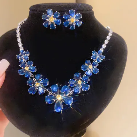 Ensemble Bijoux en Cuivre Style Cour Vintage Goutte d'Eau Zirconia Gland Floral Collier Boucles d'Oreilles pour Femme Mariage