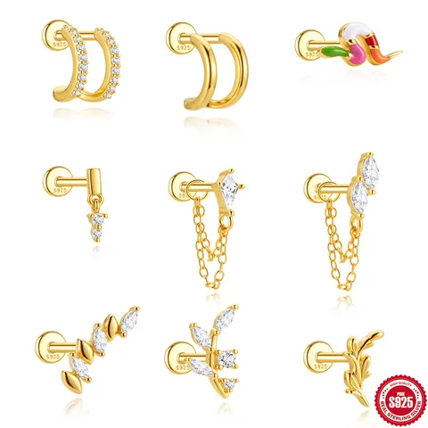 925 Sterling Silver Zirconia Stud Earrings Double C Shape Snake Marquise Chain Enamel Helix Piercing Jewelry For Women