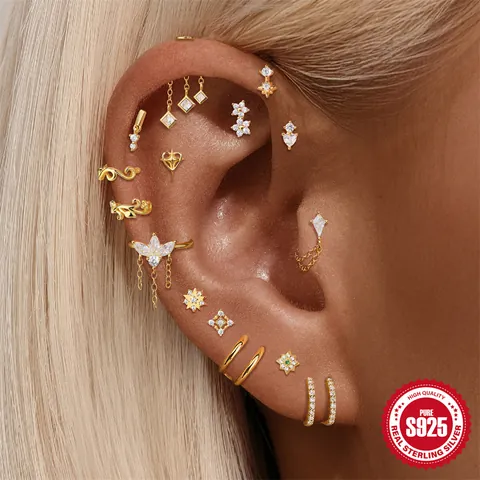 925 Sterling Silver Zirconia Stud Earrings Double C Shape Snake Marquise Chain Enamel Helix Piercing Jewelry For Women