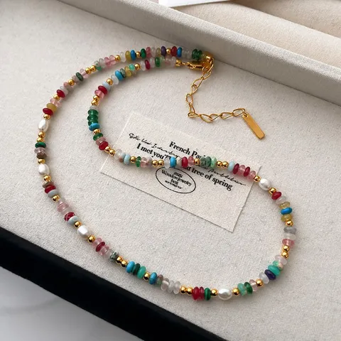 Dopamine Rainbow Natural Stone Freshwater Pearl Necklace Bracelet For Women Gold Plated Beaded Choker Jewelry