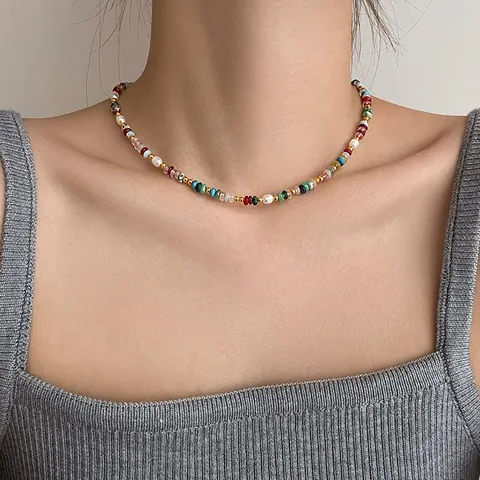 Dopamine Rainbow Natural Stone Freshwater Pearl Necklace Bracelet For Women Gold Plated Beaded Choker Jewelry