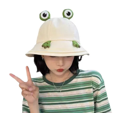 Grappige Kikker Vissershoed Stereo Ogen Schattig Opvouwbaar Polyester Zonbescherming Hoed Voor Dames Outdoor Reizen Strand