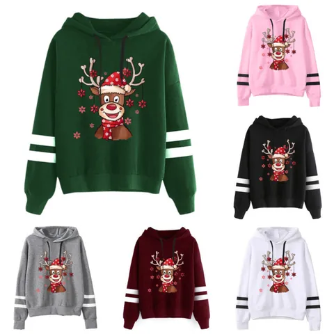 Felpa con Cappuccio da Donna con Stampa 3D di Renna di Natale Casual Manica Lunga a Righe Maglione Festival Party Top