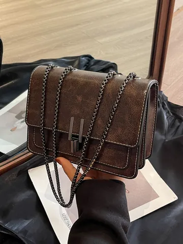 Borsa a Tracolla Quadrata in Pelle PU Vintage Donna Moda Catena Borsa a Spalla Versatile Stile Urbano Borsa da Viaggio Quotidiana