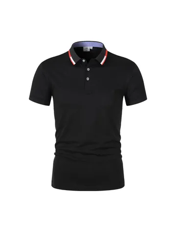 Polo da Uomo Basic Tinta Unita Colletto a Righe a Contrasto Manica Corta in Poliestere Traspirante Top Casual Estivo