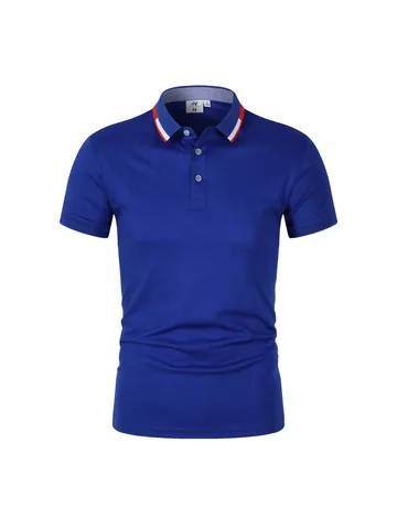 Polo da Uomo Basic Tinta Unita Colletto a Righe a Contrasto Manica Corta in Poliestere Traspirante Top Casual Estivo