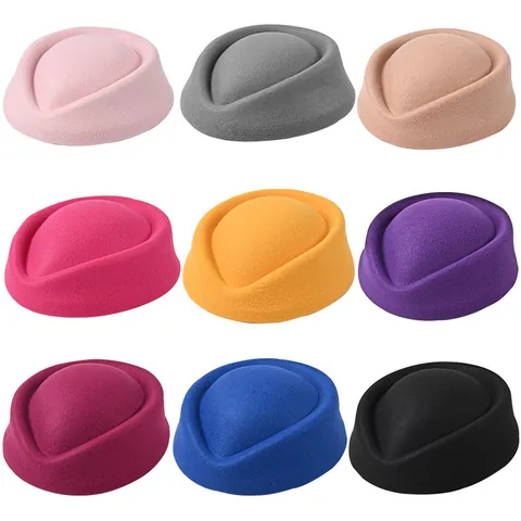 Cappello Pillbox in Acrilico Hostess Stewardess Berretto Vintage Elegante Uniforme Spettacolo Cappello Tinta Unita Copricapo Donna Accessorio