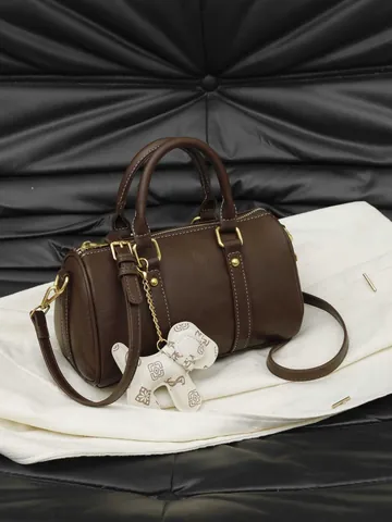 Luxury Women PU Leather Boston Pillow Bag With Dog Charm Contrast Stitching Elegant Shoulder Crossbag Top Handle Handbag