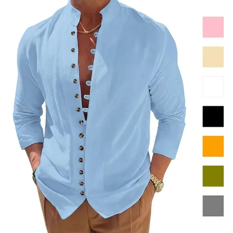 Camicia da Uomo Vintage in Misto Cotone a Maniche Lunghe Casual Vestibilità Comoda Tinta Unita Colletto Henley Traspirante Top da Vacanza per Uomo