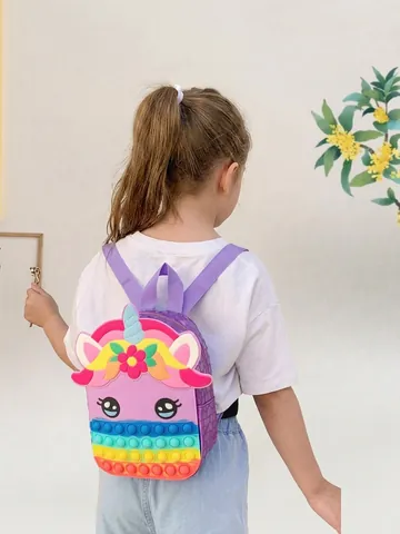 Zaino Pop It Fidget Unicorno per Bambini Silicone Arcobaleno Giocattolo Sensoriale Borsa Scuola Pelle PU Cartone Animato Mini Zaino
