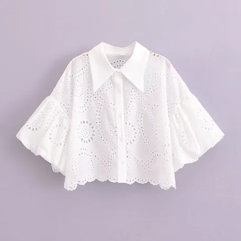 Damen Weiß Lochstickerei Kurzbluse Puffärmel Hemd Elegant Cropped Einreihig Top Für Sommer Täglich Damen