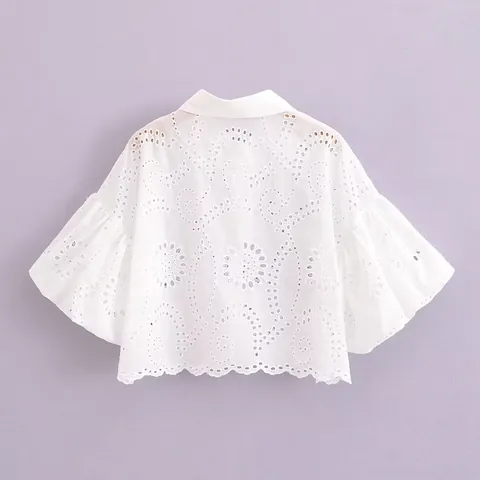 Damen Weiß Lochstickerei Kurzbluse Puffärmel Hemd Elegant Cropped Einreihig Top Für Sommer Täglich Damen