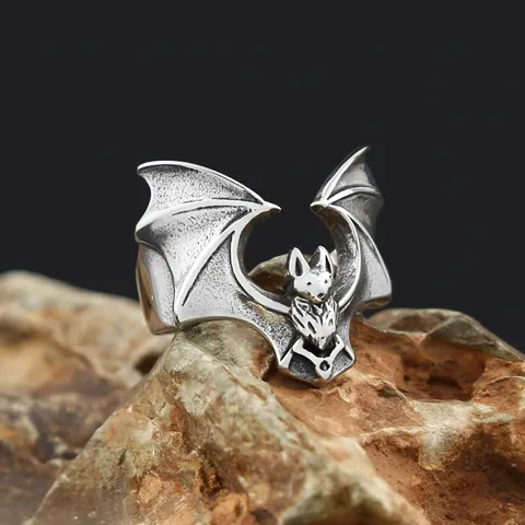 Vintage Punk Stainless Steel Bat Ring For Men Women Gothic Antique Silver Animal Band Ring Halloween Party Jewelry