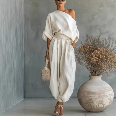 Elegante Conjunto de Dos Piezas para Mujer Top Suelto de Un Hombro y Pantalones Linterna en PU Lavado Color Sólido Casual