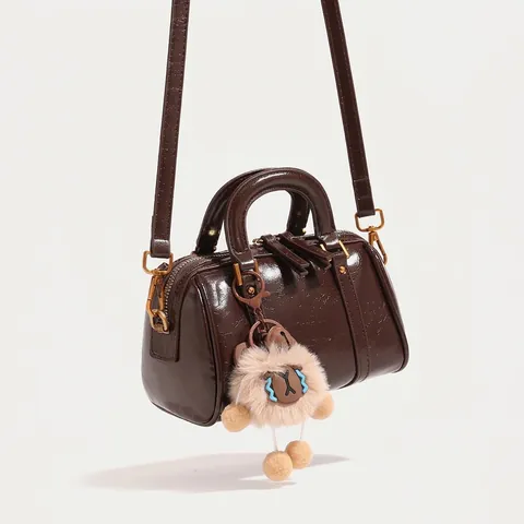 Borsa Boston in Pelle PU Retro per Donna Con Ciondolo in Peluche Borsa a Tracolla Piccola Borsa a Cuscino Chic Street Style