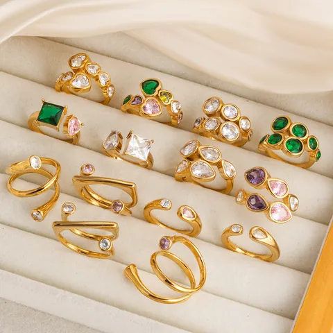 18K Vergulde 304 Roestvrij Stalen Open Ring Voor Dames Verstelbare Geometrische Hart Ster Zirconia Mode Sieraden Accessoire