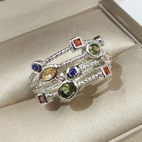 Women Fashion Multilayer Twisted Rope Ring Platinum Plated Copper Colorful Zirconia Inlaid Geometric Band Jewelry For Lady