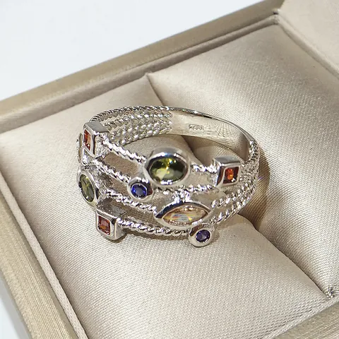 Women Fashion Multilayer Twisted Rope Ring Platinum Plated Copper Colorful Zirconia Inlaid Geometric Band Jewelry For Lady