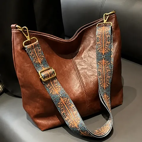 Retro Large Capacity Women Bucket Bag Fashion Wide Strap Shoulder Crossbody Bag PU Leather Commuter Tote Handbag