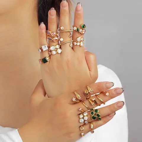 18K Vergulde 304 Roestvrij Stalen Open Ring Voor Dames Verstelbare Geometrische Hart Ster Zirconia Mode Sieraden Accessoire