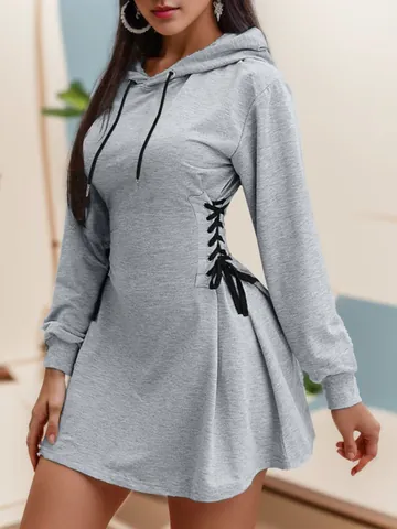 Damen Tailliertes Baumwollmischung Kapuzenkleid Mit Seitlicher Schnürung Und Kordelzug Langarm Casual Long Hoodie Für Damen