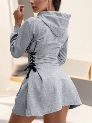 Damen Tailliertes Baumwollmischung Kapuzenkleid Mit Seitlicher Schnürung Und Kordelzug Langarm Casual Long Hoodie Für Damen